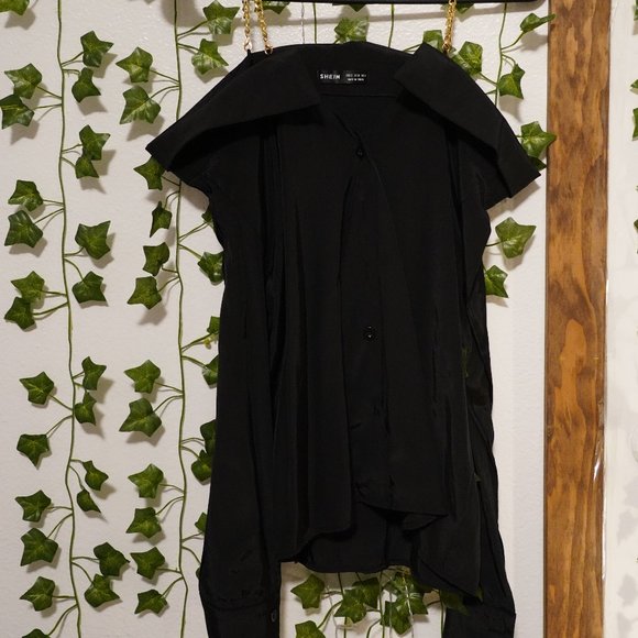 Off Shoulder Black Long Sleeve Button Up Top | Blouse w/ Gold Chain Straps - Picture 2 of 4